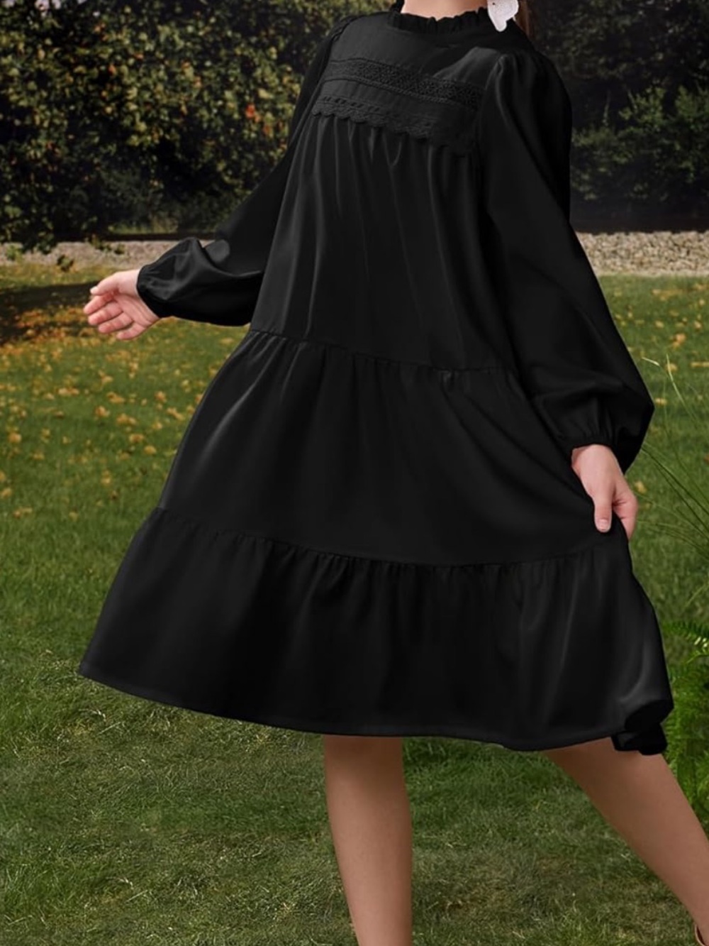 Sunny Spirit Girls Black Long Sleeve Midi Tiered Flowy Swing Dress 8-9 Year